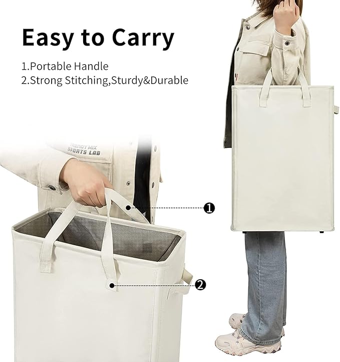 ZERO JET LAG Slim Laundry Hamper With Handles Collapsible Laundry Basket Thin Dirty Clothes Basket Narrow Laundry Bag Foldable Dirty Clothes Hamper 45L (24 inches,Beige)