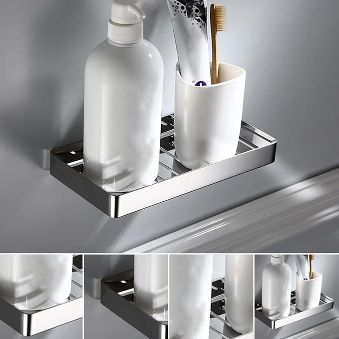 YWBL-WH Rack Wall Mount Stainless Steel Bathroom Shelf Organizer with Drain Rack 23x12cm for Shampoo Dispenser Kitchen Storage (Silver)