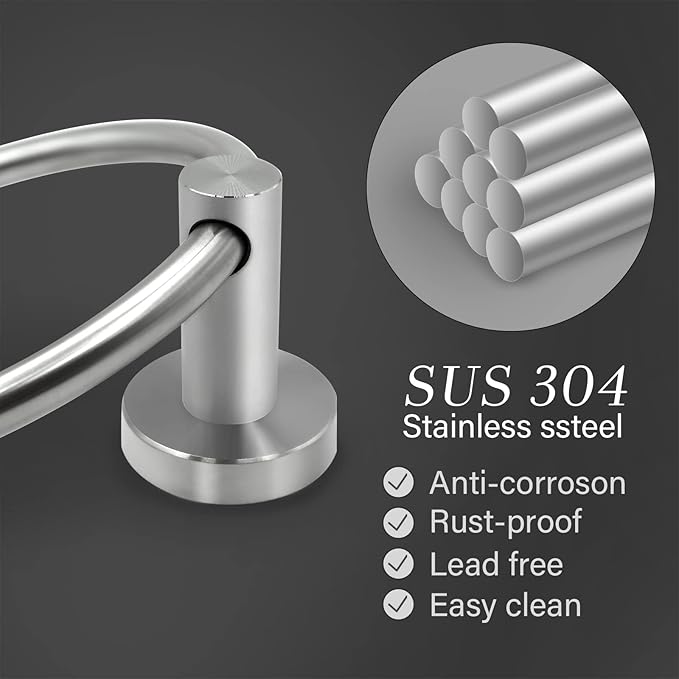 Brushed Nickel Hand Towel Ring - Simple Round Towel Hanger for Bathroom Wall Mounted, Stainless Steel SUS 304