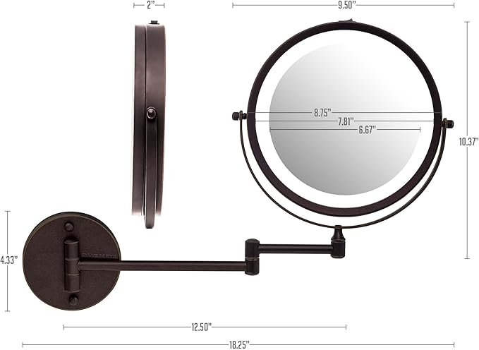 OVENTE 9" Lighted Wall Mount Makeup Mirror with 1X/7X Magnification, Cordless Double Sided Magnifying Round Vanity Mirror, 360° Swivel Design, Extendable and Folding Arm, Antique Bronze MFW85ABZ1X7X