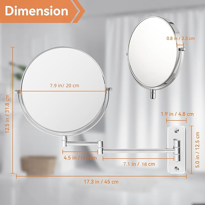 8 inch Wall Mounted Makeup Mirror, 1X/10X Magnifying Double-Sided Wall Mount Shaving Mirror (Close-Up 10X) with Extendable Arm, 360° Swivel for Bathroom Vanity, Chrome (No Light)