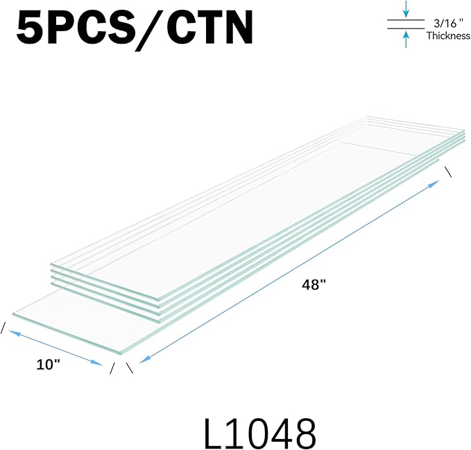 10" x 48" 5-PCS Tempered Glass Shelf, Rectangular Frameless Glass Shelves - 3/16" Thick, Suitable for Bookshelves, Display Cases, Retail Fixtures and Tabletops