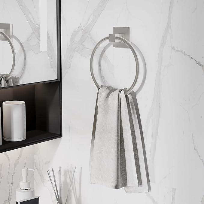 RUACQ Towel Ring for Bathroom, Square Base Hand Towel Holder Hangers Wall Mount, Heavy Duty, Stainless Steel(Brushed Nickel)