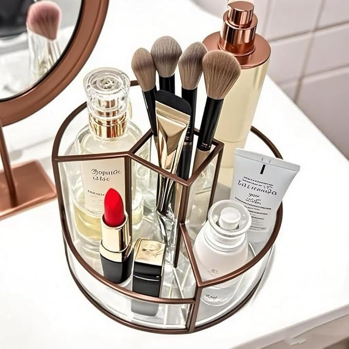 360° Rotate Makeup Brush Holder, Makeup Organizers Countertop, Perfume Tray, Bathroom Organizer and Storage for Eyeliner,Lipstick, Lazy Susan Organizer for Vanity Cabinet Dresser Bathroom (Brass)