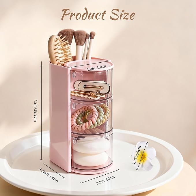 Rotating Makeup Organizer with Brush Holder & Hair Clip, 3-Tier Spinning Cosmetic Storage Case for Women, Large Capacity Toiletry Bag for Travel, Pink