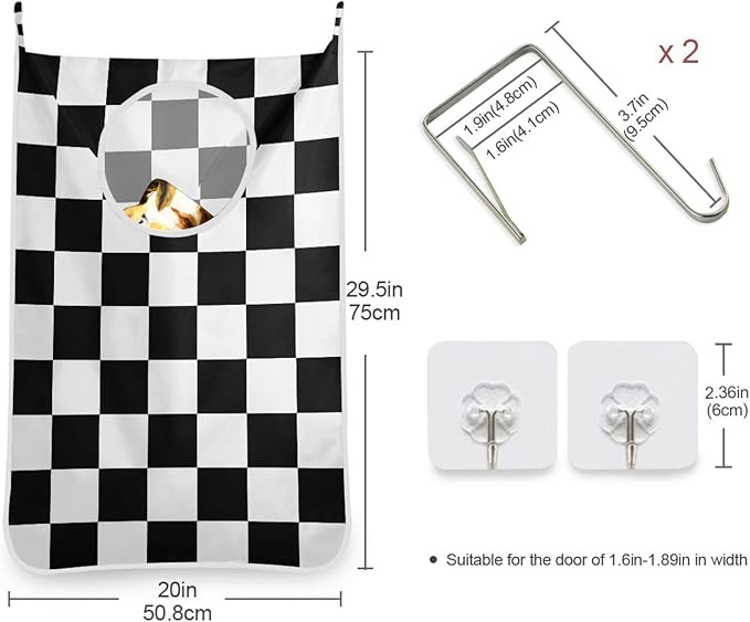 Checkered Black and White Hanging Laundry Hamper Door Hampers Bag Basket with Stainless Steel Hooks Oxford Fabric Printing Decorative Clothes Bags 29.5X20inch 1Pack