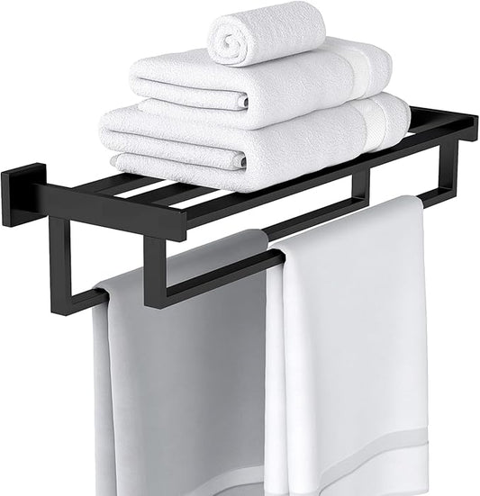 Double Towel Bar, 24 Inch Towel Racks for Bathroom Wall Mounted, Bathroom Towel Rack, Towel Rack with Shelf, Stainless Steel Hand Towel Hanger, Bath Towel Holder for Wall, Black