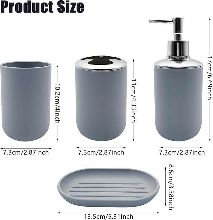Bathroom Accessory Set, 4 pcs Shatter-Resistant Resin Bathroom Accessories Set Include Lotion Soap Dispenser Toothbrush Holder Soap Dish Modern Bathroom Decor, Gift for Home (Grey 4pcs)
