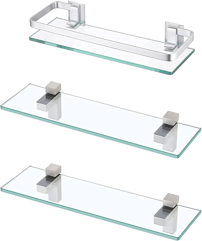 KES 2 Pack Bathroom Shelf with Rectangle Tempered Glass and Polished Chrome Bracket Tempered Glass Rectangular 1 Tier, BGS3201S40-P2+A4126A