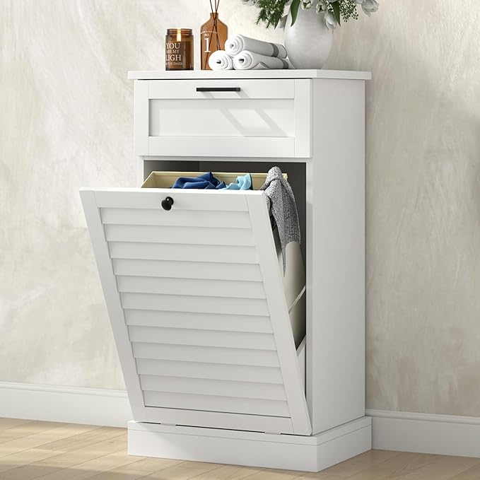 Loomie Upgraded Tilt Out Laundry Hamper Cabinet, Trash Can Cabinet with Shutter Front & Drawer, Hidden Garbage Can Bin Cabinets with Laundry Storage Basket for Bathroom, Kitchen (White, Single)