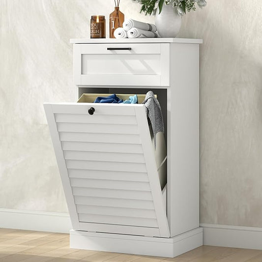 Loomie Upgraded Tilt Out Laundry Hamper Cabinet, Trash Can Cabinet with Shutter Front & Drawer, Hidden Garbage Can Bin Cabinets with Laundry Storage Basket for Bathroom, Kitchen (White, Single)