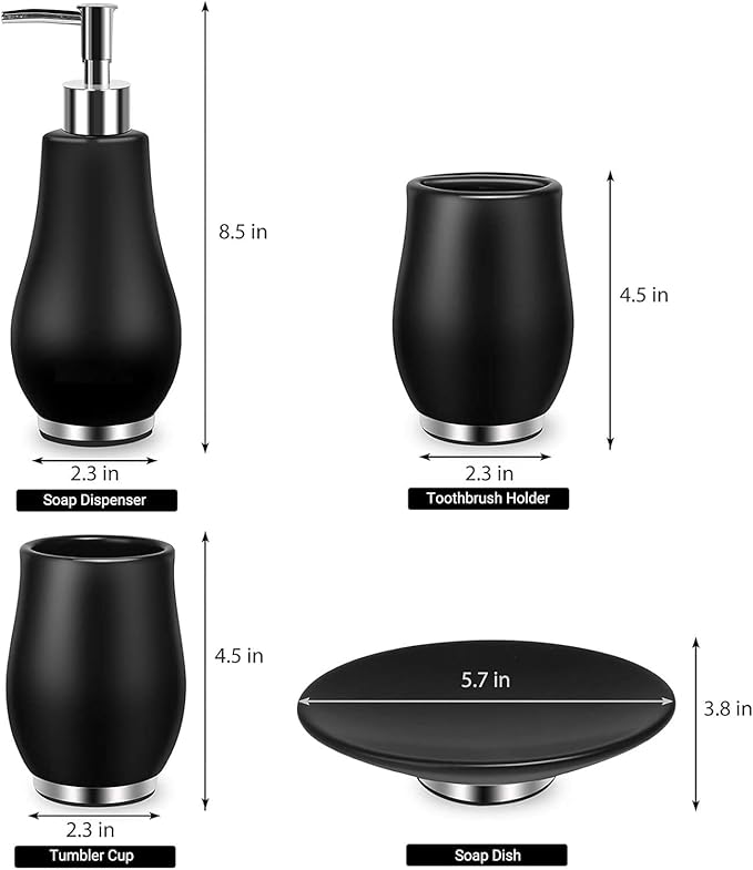 RQYIXI Bathroom Accessories Set 4 Pcs Toothbrush Holder Soap Dispenser Ceramic Bathroom Accessory Set with Toothbrush Cup Soap Dish Tumbler Black