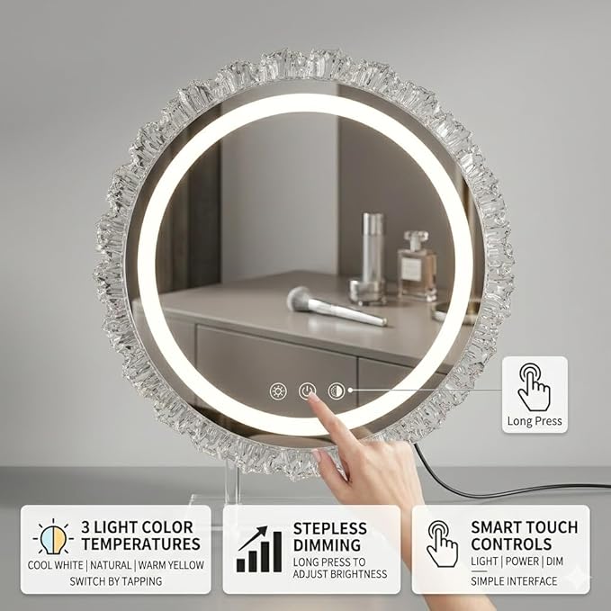 16" Hollywood Round Vanity Mirror with Lights, 3-Color LED Light Modes, Dimmable Makeup Mirror with Smart Tap Panel, 360° Rotating Lighted Mirror for Dressing Table