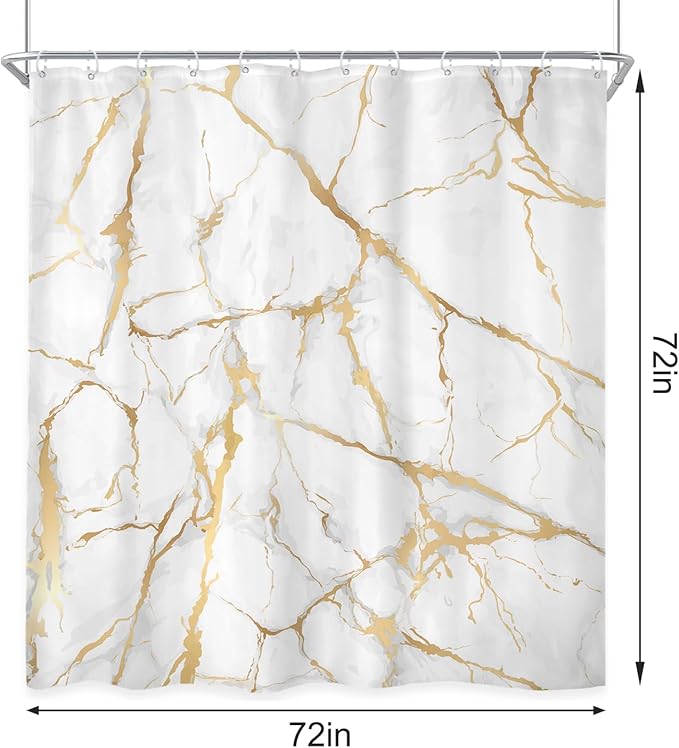Newsely 4Pcs White and Gold Marble Shower Curtain Set With Non-Slip Rugs, Toilet Lid Cover and Bath Mat, Abstract Modern Crack Line Shower Curtain With 12 Hooks, Luxury Bath Curtain for Bathroom Decor