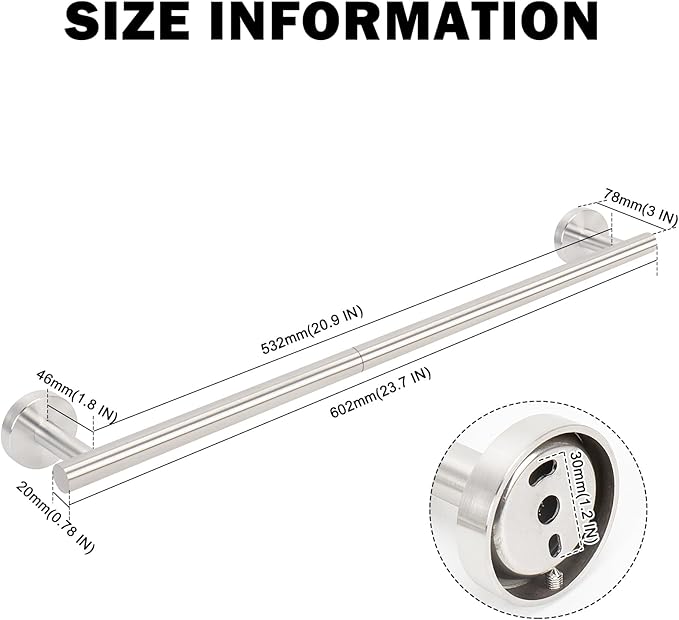 Livabber Bath Towel Bar, 304 Stainless Steel Towel Rack, Heavy Duty Towel Holder Wall Mounted for Bathroom/Kitchen, Usable Hanging Length-20.9 Inch, Total Length-23.7 Inch (Brushed Nickel)