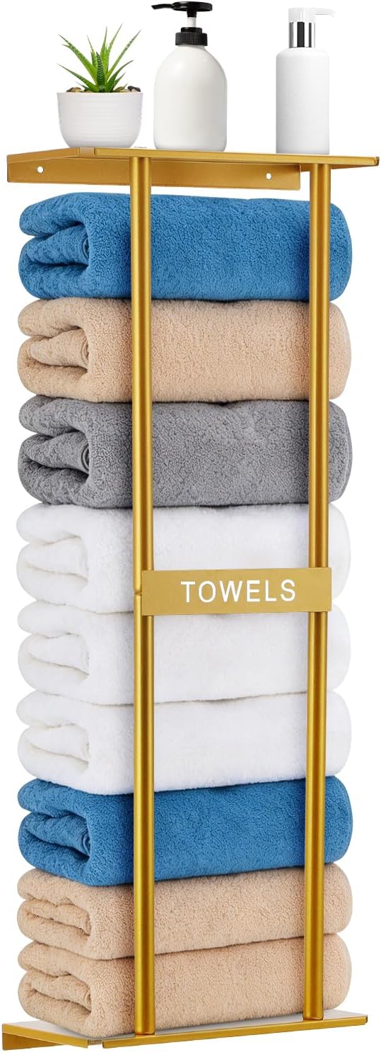 Vertical Towel Rack Wall Mounted - Metal Rolled Towel Holder, 31 Inch Black Space Saving Bathroom Storage Shelf for Shower, Toilet & RV (Golden)
