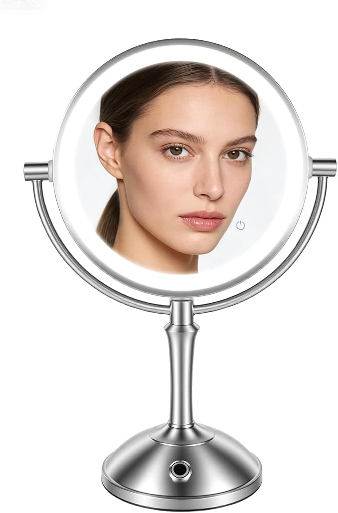 PJE Vanity Mirror with Lights,360 Mirror Magnifying Mirror with Light 10X,3 Light Settings Rechargeable Makeup Mirror,Dimmable Touch Control Tabletop Makeup Mirrors with Lights for Home,Hotel & Salon