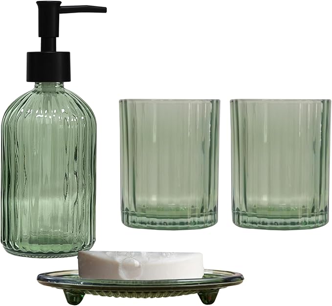Green Bathroom Accessories Set, 4Pcs Glass Soap Dispenser Set Includes Soap Dispenser, Toothbrush Holder, Mouthwash Cup, Soap Dish for Home Decor, Countertop Vanity Organize