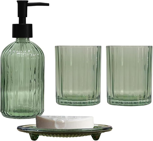 Green Bathroom Accessories Set, 4Pcs Glass Soap Dispenser Set Includes Soap Dispenser, Toothbrush Holder, Mouthwash Cup, Soap Dish for Home Decor, Countertop Vanity Organize