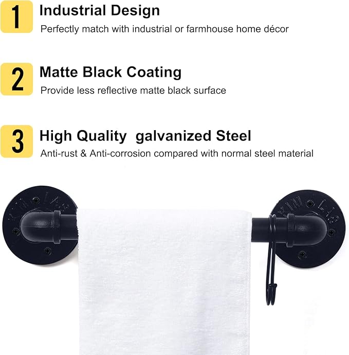 HouseAid 9 Inch Industrial Pipe Towel Bar, Farmhouse Iron Hand Towel Holder, Vintage Style Towel Rod for Bathroom, Wall Mounted, Matte Black (Hook Included)