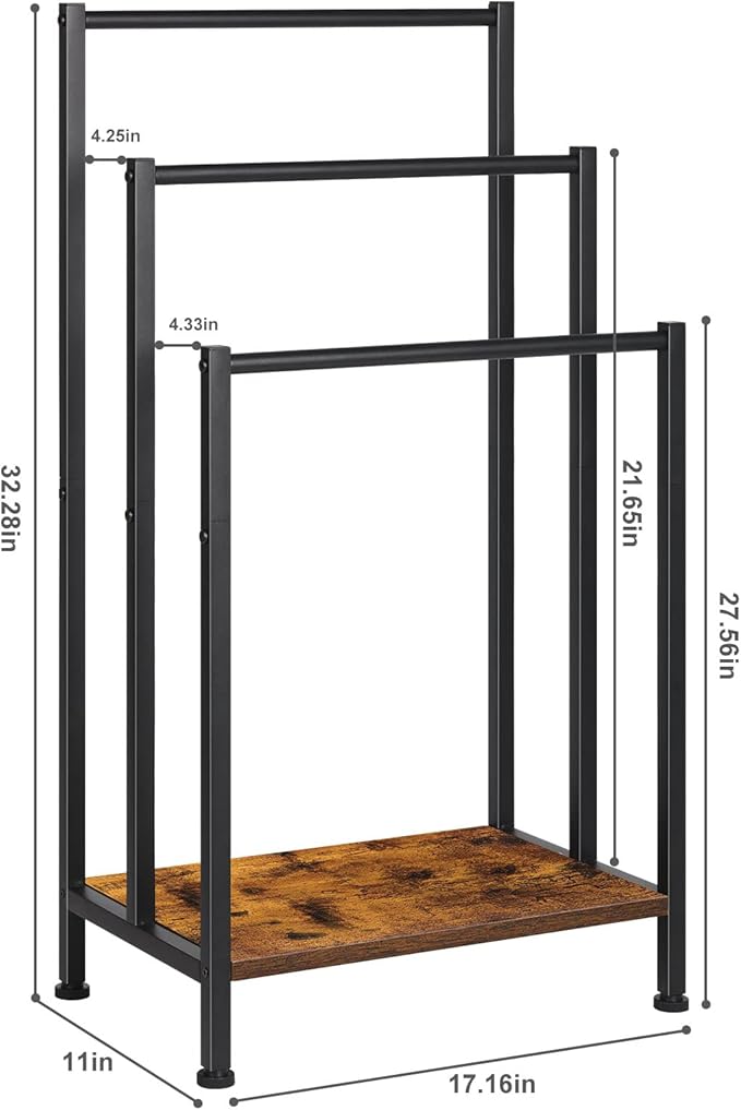 Towel Rack Freestanding, Standing Towel Rack for Bathroom, 3 Tier Towel Rack Stand, Freestanding Towel Holder Floor, Metal Towel Bar Stand, Blanket Rack Stand for Bedroom, Rustic Brown