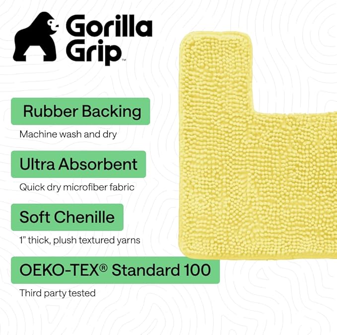 GORILLA GRIP Bath Rug Mat, Thick Soft Absorbent Chenille, Rubber Backing Quick Dry Microfiber Mats, Machine Washable Rugs for Shower Floor, Bathroom Runner Bathmat Accessories Décor, Contour, Yellow