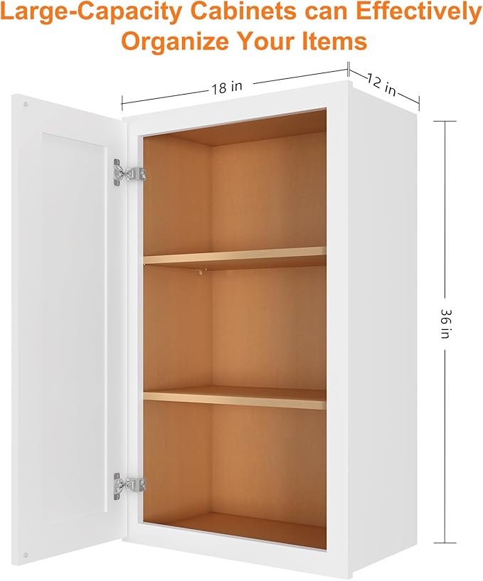ROOMTEC Wood Wall Cabinet,RTA Single Door Medicine Cabinet with Adjustable Shelves and Soft-Close Door for Kitchen, Bathroom, and Laundry. 12" D*18" W*36" H, Traditional White