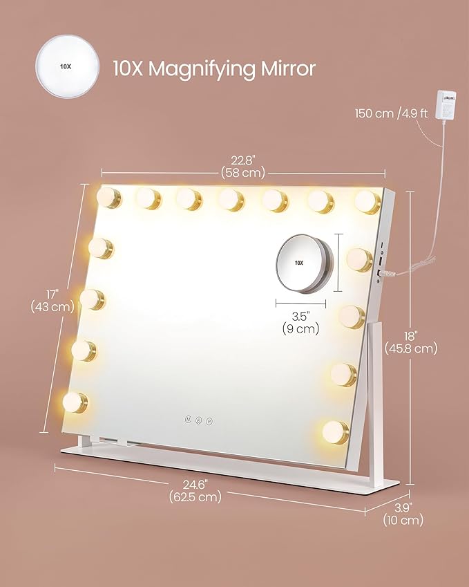 SONGMICS Vanity Makeup Mirror with Lights, Touch Control, 15 LED Bulbs, with Charging Ports, Detachable 10X Magnifying Mirror, 3 Color Temperatures, Dimmable, Phone Holder, Matte White ULWM001W01V1