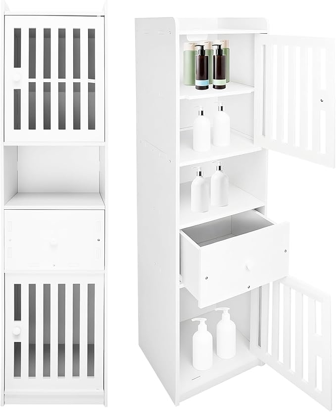 Tall Bathroom Storage Cabinet,11.4x 11.4 x 46.5 Inches Multipurpose Small Storage Cabinet with 2 Doors 5-Tier Side Storage Organizer Cabinet Unit for Bathroom Living Room Hallway Kitchen, White