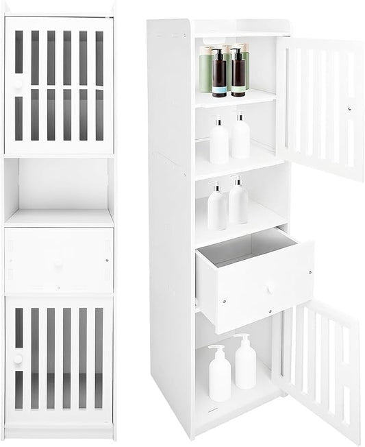 Tall Bathroom Storage Cabinet,11.4x 11.4 x 46.5 Inches Multipurpose Small Storage Cabinet with 2 Doors 5-Tier Side Storage Organizer Cabinet Unit for Bathroom Living Room Hallway Kitchen, White