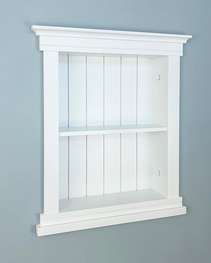 Fox Hollow Furnishings 14x18 Elliot Craftsman Recessed Wood Wall Niche, Open Medicine Cabinet Replacement, in The Wall Bathroom Cabinet Insert Shelves, Made in North America, NO MDF, Beadboard, White