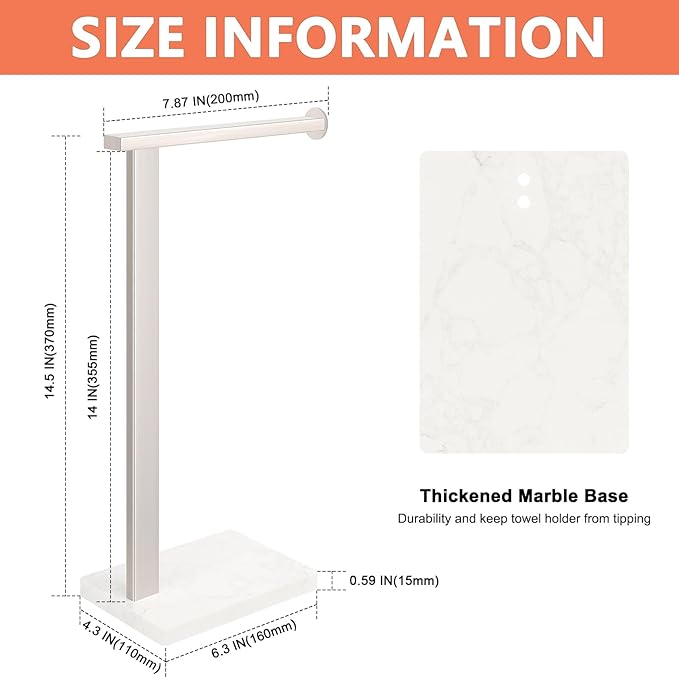 HarJue Hand Towel Holder Stand, 14.5" Hand Towel Rack with Weighted Marble Base, 304 Stainless Steel L-Shape Standing Towel Bar for Vanity Bathroom Kitchen Countertop (Brushed Nickel)