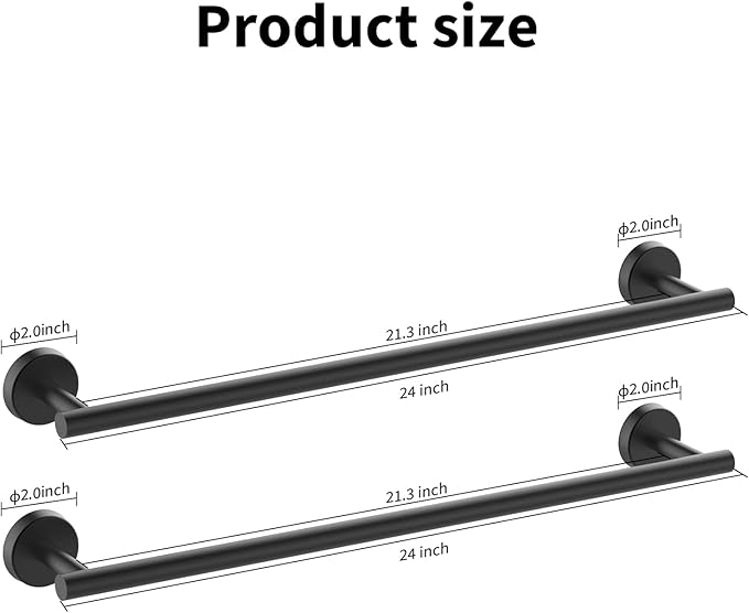 Cilee 2 Pieces Matte Black Bathroom Towel Bar, 24 Inch Double Towel Racks,Bathroom Towel Holder Towel Hanger for Bathroom Stainless Steel Wall Mount