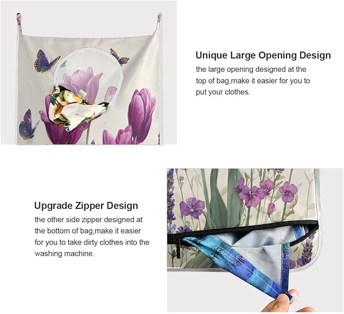 Purple Tulilp Butterfly Hanging Laundry Hamper Door Hampers Bag Basket with Stainless Steel Hooks Oxford Fabric Printing Decorative Clothes Bags 29.5X20inch 1Pack