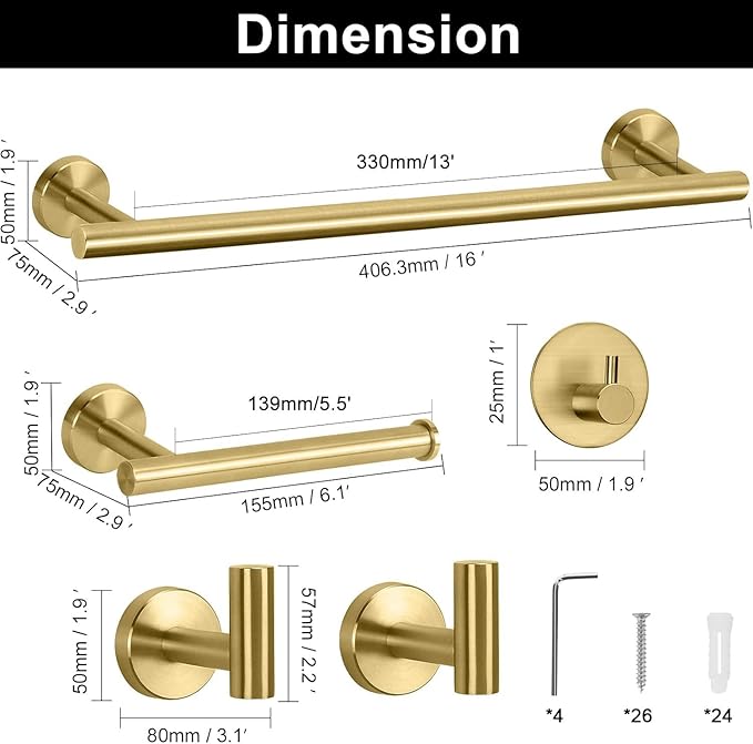 NearMoon Bathroom Hardware Set SUS 304 Thicken Stainless Steel-Towel Bar Set Include 16" Towel Rod, Toilet Paper Holder, Multifunctional Hooks Bathroom Accessories (Brushed Gold, 10 Pcs)