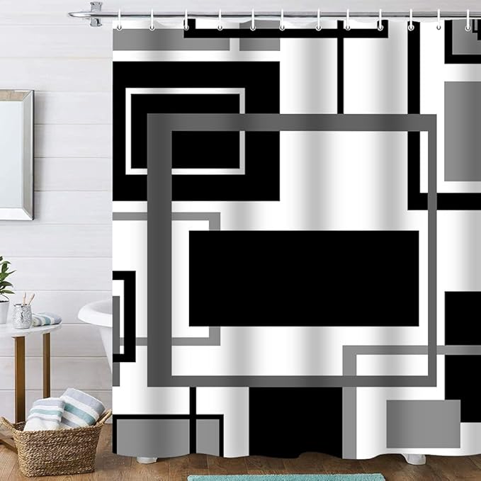 Onalasyc 4Pcs Black Geometric Shower Curtain with Rugs Set Waterproof Black Bathroom Sets with Shower Curtain and Rugs Abstract Geometric Modern Bathroom Curtains Shower Set with 12 pcs Hooks