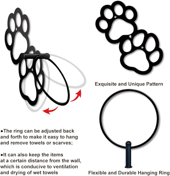 MAYJOYDIY Paw Print Metal Towel Ring Cute Cat Paw Print Towel Holder Dog Claw Pattern Towel Ring Black Art Towel Rack Wall Mounted for Bathroom Kitchen Towel Hanger Home Decors Gift
