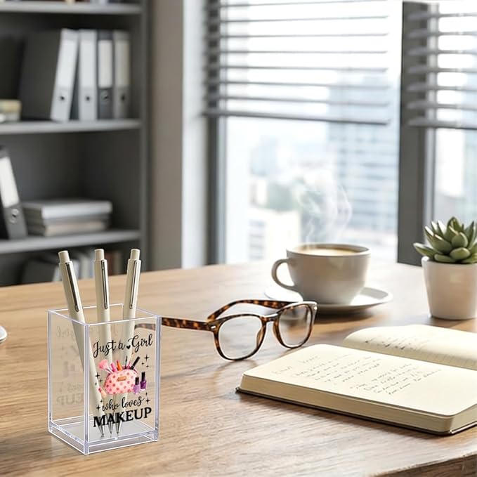 Just A Girl Who Loves Makeup Acrylic Makeup Brush Organizer Holder, Women Vanity Storage Accessory, Back to School Graduation Gifts for Daughter Niece Sister, Birthday Gifts for Make up Lover