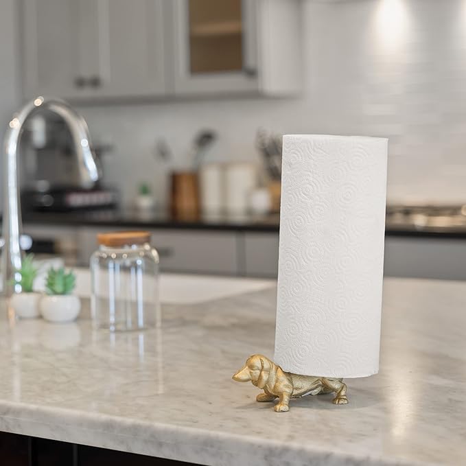 WallCharmers Gold Paper Towel Holder, Metal Toilet or Kitchen Paper Holder for Floor or Countertop, Gold Dog