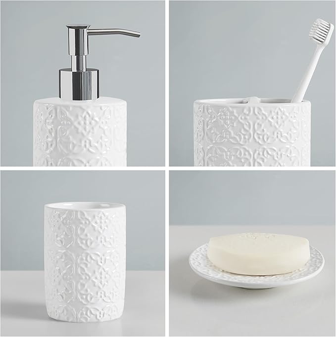 Martha Stewart Ceramic Bathroom Accessories Set, Vanity Decor Storage Organizer, Embossed Damask Medallion, Lotion/Soap Dispenser, Toothbrush Holder, Tumbler, Trinket Dish, Assorted Sizes White