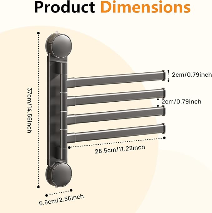 Aluminum 4-Arm Towel Bar - Suction Cup Towel Rack, Swing Out Rustproof Towel Racks for Bathroom & Kitchen, Space Saving