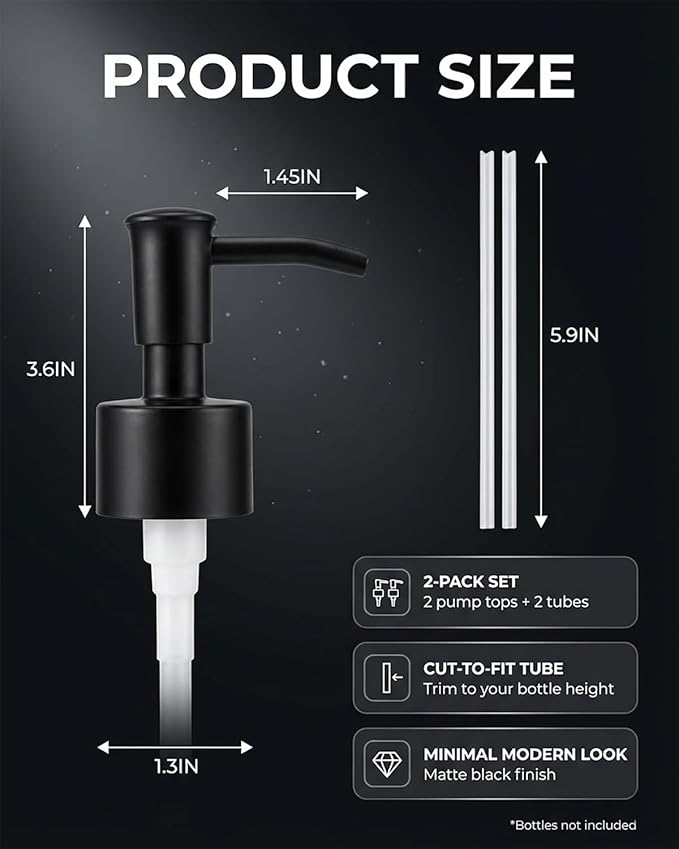 2-Pack Soap Dispenser Pumps Replacement, Universal Lotion & Soap Pump Heads for Standard 28/400 Bottle Neck, Black Finish (Fits 26mm-28mm/ 1.02-1.10 inch)