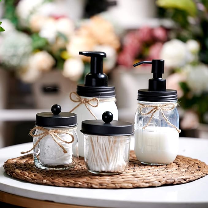 Amolliar Mason Jar Bathroom Accessories Set(4 Pack) - Foaming Soap Dispenser&Qtip Holder Set&Toothbrush Holder-Rustic Farmhouse Decor Bathroom Organizer Apothecary Jar Country Countertop (Black)