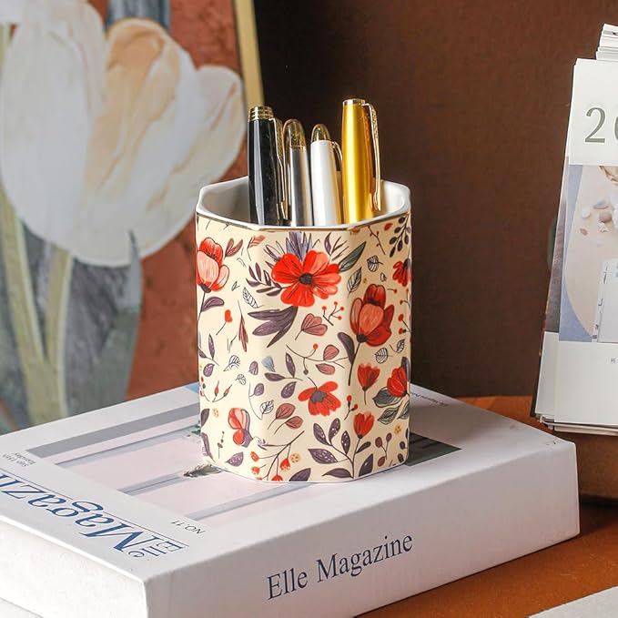 Ceramic Desk Holder Pen Holder Stand Pencil Cup Pot Desk Organizer Makeup Brush Holder (Flower-07)