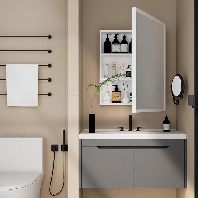 H & A Medicine Cabinet Bathroom Mirror, 28''x22'' Farmhouse Wood Frame Bathroom Medicine Cabinet with Mirror, Vanity Mirrors Recess or Surface Mounted Installation (White-28x22'')