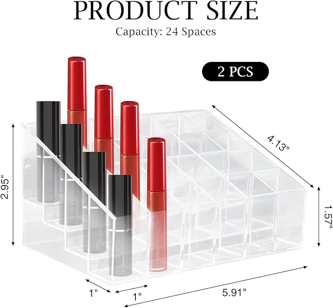 LOGJAM 2 Pcs Acrylic Perfume Organizer, 24 Slots Clear Lipstick Lipgloss Holder, Cosmetic Case For Lip Gloss Brushes Bottles
