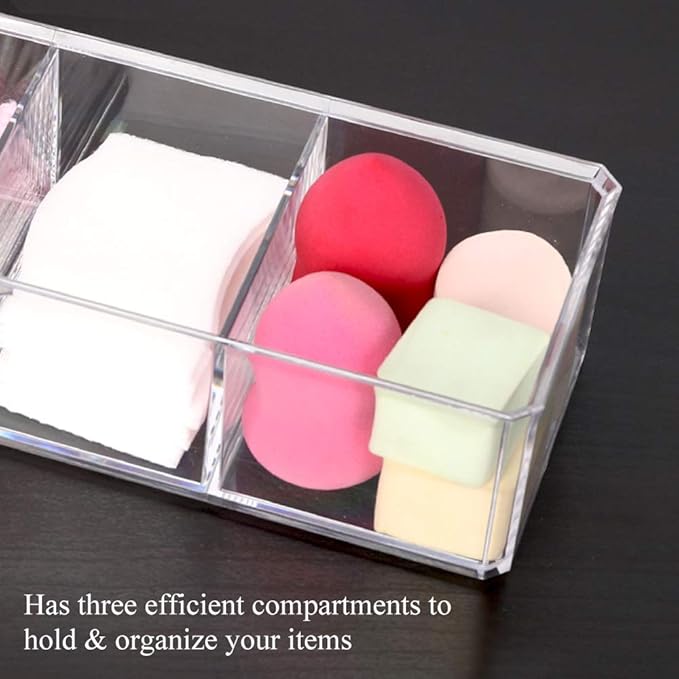 Cotton Ball and Swab Holder Organizer with Lid, Dustproof, Waterproof, Clear Acrylic 3 Compartment Cotton Pad Container for Cosmetics