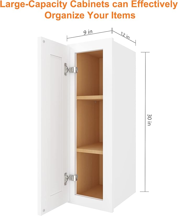 ROOMTEC Wood Wall Cabinet,RTA Single Door Medicine Cabinet with Adjustable Shelves and Soft-Close Door for Kitchen, Bathroom, and Laundry. 12" D*9" W*30" H, Traditional White