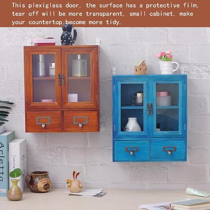 Rustic Vintage Mini Pine Counter Top Cabinet - 12" L x 4.7" W x 14" H with 2 Doors & 2 Drawers, Antique Apothecary Spice Cabinet for Kitchen, Bathroom, Office Organization & Storage(Brown)
