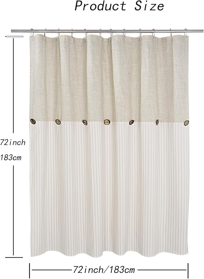 Farmhouse Shower Curtain, Beige and Beige Stripe, Button Curtain, Linen and Cotton Blend Fabric, Rustic Charm Country Chic Style, 72x72 in